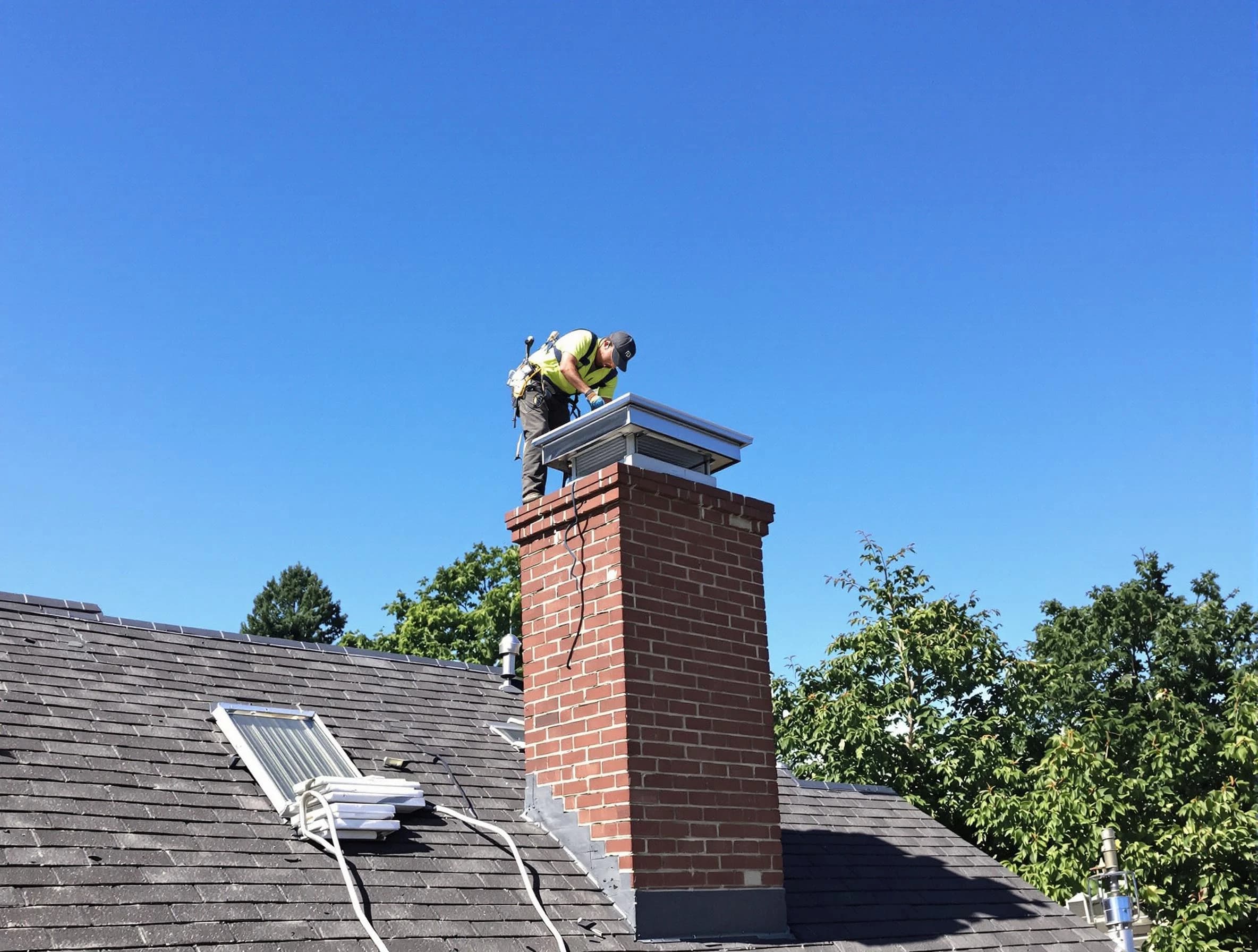 New Brunswick Chimney Sweep technician measuring a chimney cap in New Brunswick, NJ